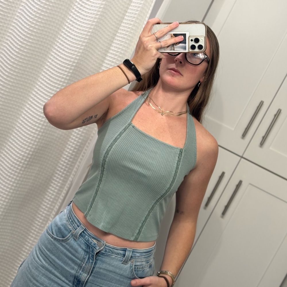 American Eagle Outfitters Ribbed Halter Crop Top - Sage